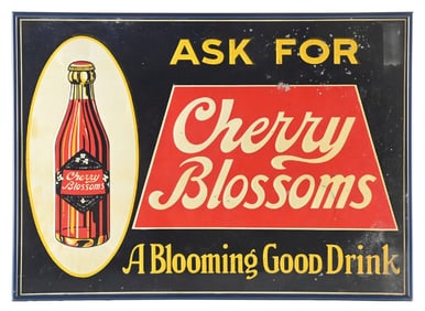 ASK FOR CHERRY BLOSSOMS EMBOSSED TIN SIGN W/ BOTTLE GRAPHIC.