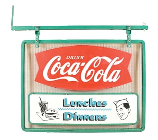 COCA COLA LUNCHES & DINNERS 4- PIECE TIN SIGN ON WIRE MESH FRAME.