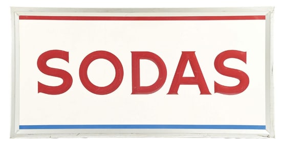SODAS EMBOSSED TIN SIGN W/ SELF FRAMED OUTER EDGE.