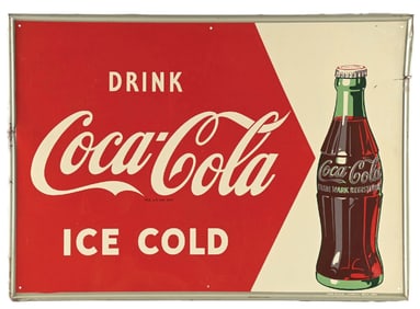 DRINK ICE COLD COCA COLA TIN SIGN W/ BOTTLE GRAPHIC.