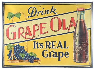 DRINK GRAPE OLA SODA POP EMBOSSED TIN SIGN W/ BOTTLE GRAPHIC.
