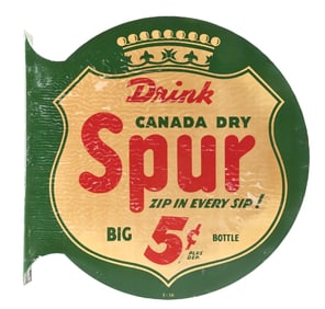 DRINK SPUR 5¢ SODA POP TIN FLANGE SIGN.