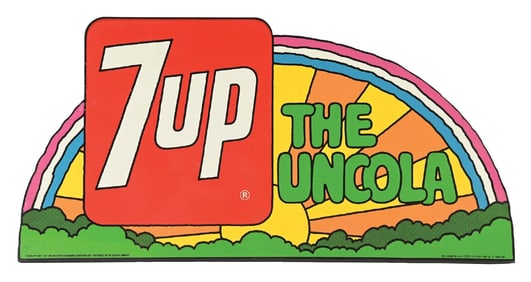 7UP SODA POP TIN MARQUEE SIGN W/ FLANGE BASE.