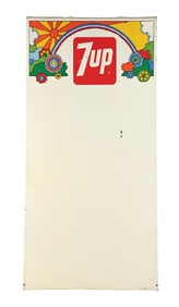 7UP EMBOSSED TIN SIGN W/ COOKIE CUTTER OUTER EDGE.