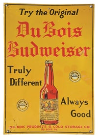 DU BOIS BUDWEISER PRODUCTS EMBOSSED TIN SIGN W/ BOTTLE GRAPHIC.