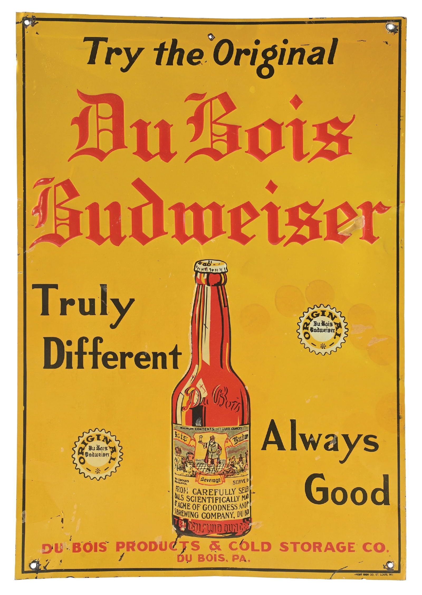 DU BOIS BUDWEISER PRODUCTS EMBOSSED TIN SIGN W/ BOTTLE GRAPHIC. (1 of 3)