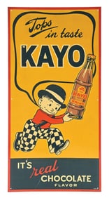 KAYO "IT'S REAL CHOCOLATE" EMBOSSED TIN SIGN W/ BOY GRAPHIC.
