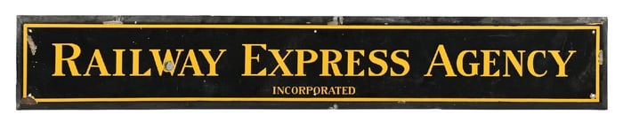 RAILWAY EXPRESS AGENCY PORCELAIN SIGN W/ SELF FRAMED EDGE.