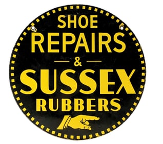 SHOE REPAIRS & SUSSEX RUBBERS PORCELAIN SIGN W/ POINTING FINGER GRAPHIC.