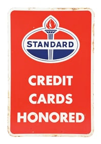 STANDARD CREDIT CARDS HONORED PORCELAIN SERVICE STATION SIGN.
