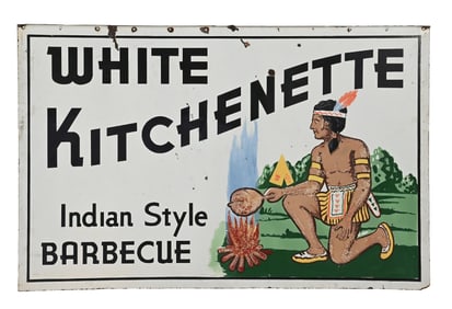 INCREDIBLY RARE WHITE KITCHENETTE INDIAN STYLE BARBECUE PORCELAIN SIGN W/ NATIVE AMERICAN & CAMPFIRE