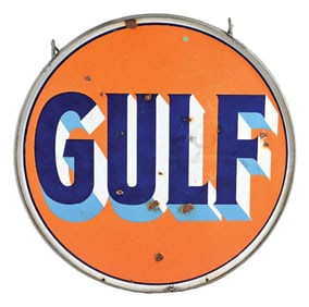 GULF GASOLINE PORCELAIN SERVICE STATION SIGN W/ ORIGINAL RING.