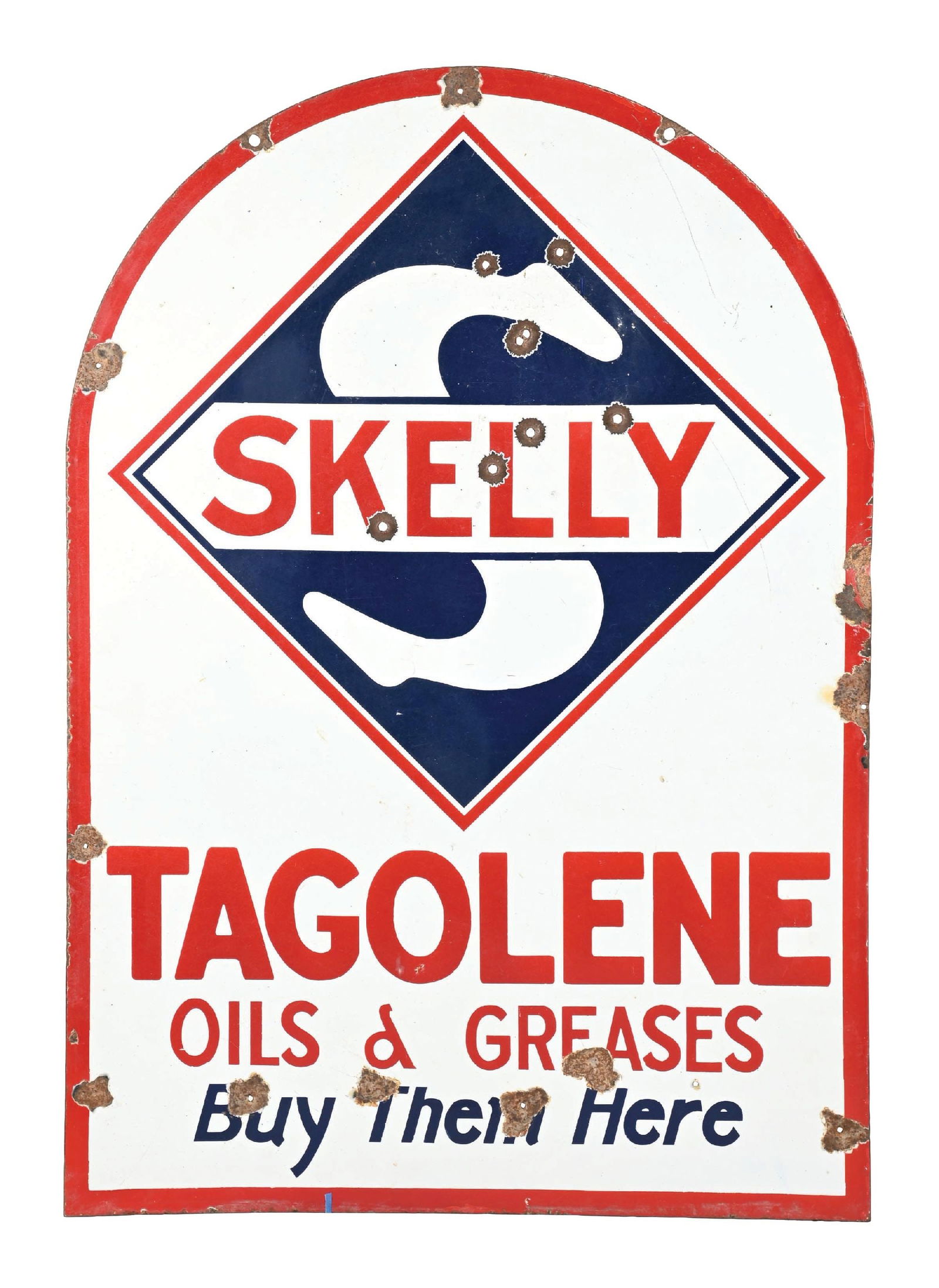 SKELLY GASOLINE & TAGOLENE OILS AND GREASES PORCELAIN SIGN. (1 of 2)