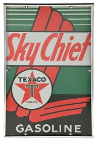 TEXACO SKY CHIEF GASOLINE FRAMED PORCELAIN PUMP PLATE SIGN.