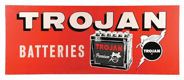 TROJAN BATTERIES TIN SERVICE STATION BILLBOARD SIGN W/ ORIGINAL WOOD BACKING.