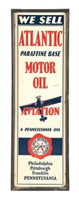 ATLANTIC AVIATION MOTOR OIL TIN SIGN W/ ORIGINAL WOOD FRAME.