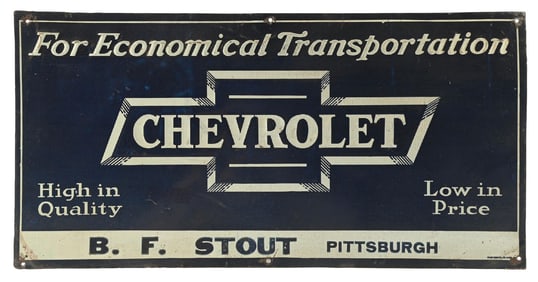 CHEVROLET FOR ECONOMICAL TRANSPORTATION EMBOSSED TIN SIGN.
