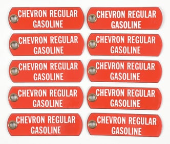 NEW OLD STOCK CHEVRON GASOLINE PORCELAIN SIGNS WITH ORIGINAL SHIPPING PAPER.