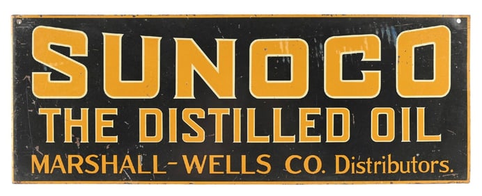 SUNOCO "THE DISTILLED OIL" TIN FLANGE SIGN.