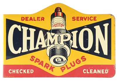 CHAMPION SPARK PLUGS TIN SERVICE STATION FLANGE SIGN.