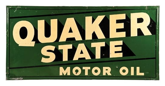 QUAKER STATE MOTOR OIL TIN SIGN W/ WOOD BACKING.