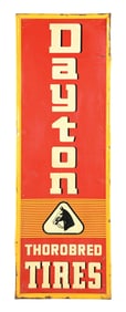 DAYTON THOROBRED TIRES EMBOSSED TIN SIGN W/ HORSE GRAPHIC.