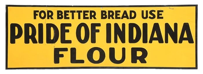 PRIDE OF INDIANA FLOUR EMBOSSED TIN TACKER COUNTRY STORE SIGN.