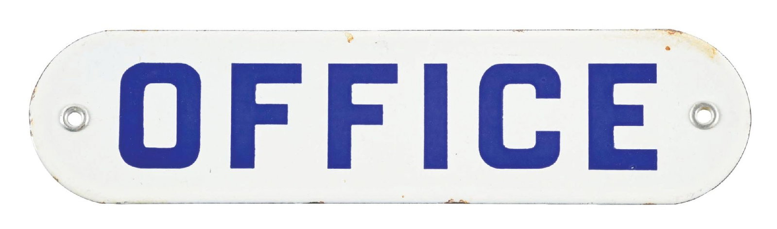 OFFICE PORCELAIN DOOR SIGN.: SSP. C. 1930s. CONDITION: Sign shows brilliant color & gloss throughout, most likely new oil stock. Chip free inner & outer fields with original grommets intact. Faint wear along the outer edge but ov