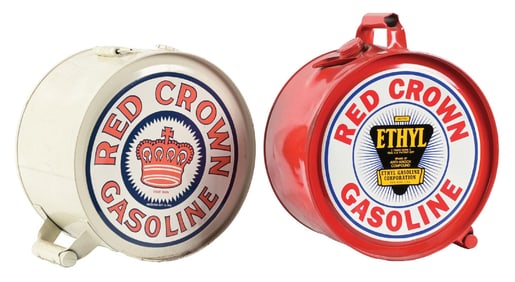 COLLECTION OF 2: FIVE GALLON ROCKER CANS RESTORED IN RED CROWN GASOLINE.