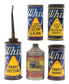 COLLECTION OF 5: WHIZ AUTOMOTIVE SUPPLY CANS.