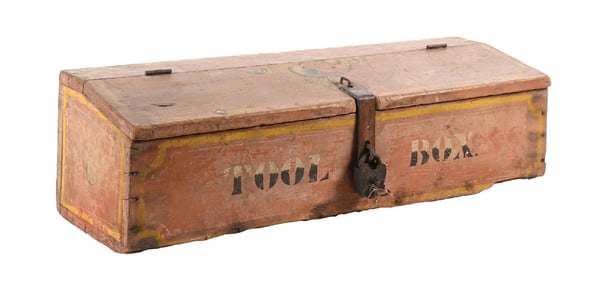 FOLK ART HAND MADE TOOL BOX W/ HAND PAINTED LETTERING.