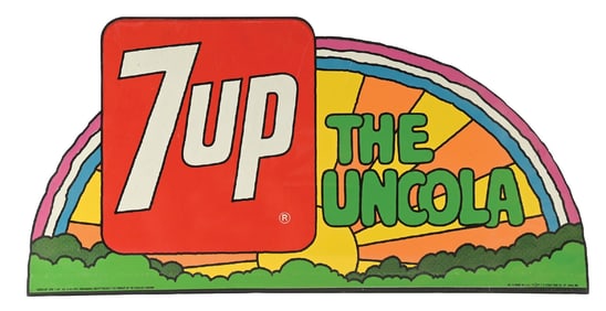 7UP THE UNCOLA TIN MARQUEE SIGN W/ FLANGE BASE.