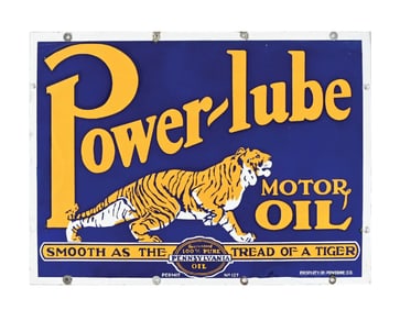 OUTSTANDING POWER LUBE MOTOR OIL PORCELAIN SIGN W/ TIGER GRAPHIC.
