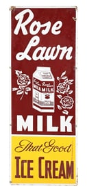 ROSE LAWN MILK & ICE CREAM PORCELAIN SIGN W/ CARTON GRAPHIC.