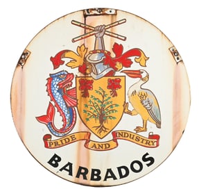 BARBADOS PRIDE AND INDUSTRY PORCELAIN SIGN W/ COAT OF ARMS GRAPHIC.