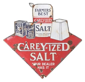 CAREY SALT COMPANY DIE CUT PORCELAIN SIGN.