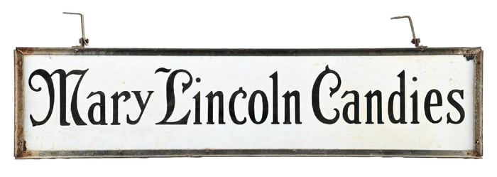 MARY LINCOLN CANDIES PORCELAIN SIGN W/ ORIGINAL METAL FRAME.