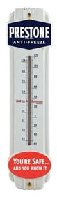 PRESTONE ANTI FREEZE EMBOSSED PORCELAIN THERMOMETER.