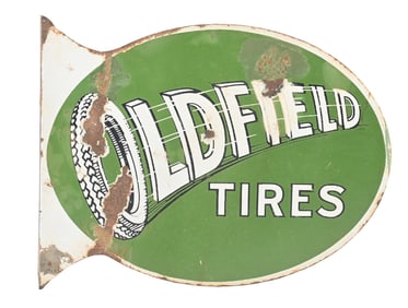 OLDFIELD TIRES PORCELAIN FLANGE SIGN.