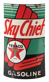 TEXACO SKY CHIEF GASOLINE CURVED PORCELAIN PUMP PLATE.