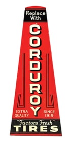 CORDUROY "FACTORY FRESH" TIRES TIN SERVICE STATION SIGN.
