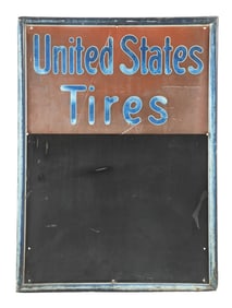 UNITED STATES TIRES TIN SERVICE STATION CHALKBOARD W/ SELF FRAMED OUTER EDGE.