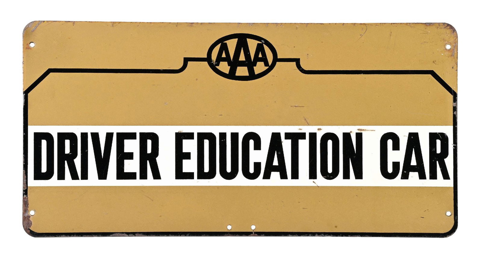 AAA DRIVER EDUCATION CAR TIN SIGN.: SST. C. 1960s. CONDITION: Excellent color & gloss throughout, with minor scratching in the paint in a few spots of the inner & outer field. Light mounting hole wear with some paint loss along outer ed