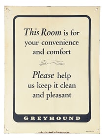 GREYHOUND BUS STATION TIN RESTROOM SIGN.