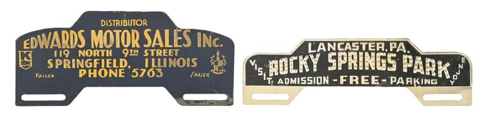 COLLECTION OF 2: TIN LICENSE PLATE TOPPERS.