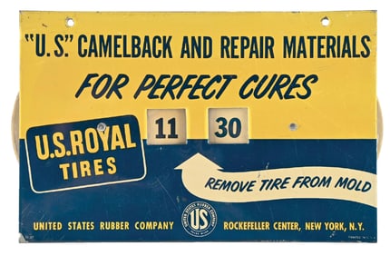 U.S. ROYAL TIRES TIN SERVICE STATION "WILL RETURN" CLOCK DIAL.