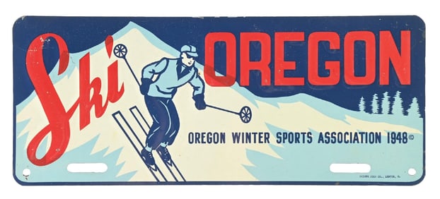 SKI OREGON EMBOSSED TIN LICENSE PLATE TOPPER.
