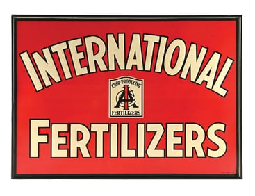 INTERNATIONAL FERTILIZERS EMBOSSED TIN SIGN W/ ADDED FRAME.
