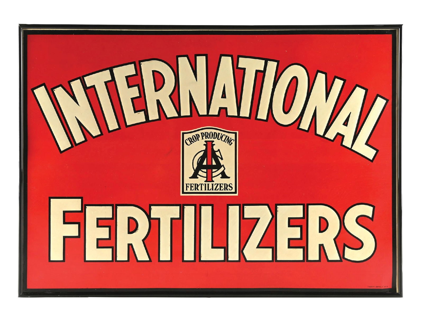 INTERNATIONAL FERTILIZERS EMBOSSED TIN SIGN W/ ADDED FRAME.: SST. Maker Marked Fogarty. C. 1930s. CONDITION: Bright color throughout the field showing areas of paper markings in the gloss with minor areas of faint surface scratch. Sign shows added metal frame a