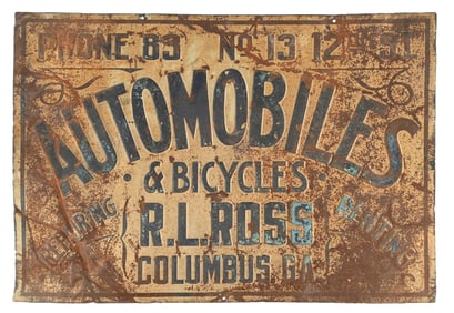 R. L. ROSS AUTOMOBILE & BICYCLE RENTAL AND REPAIR EMBOSSED TIN SIGN